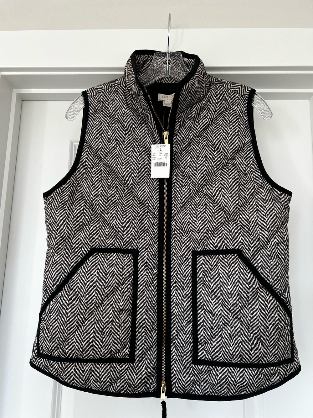 J. Crew Black & White Herringbone Quilted Vest with Contrast Trim